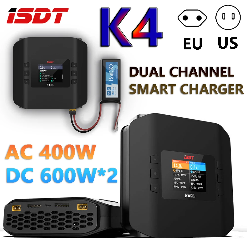 

ISDT K4 AC 400 Вт/DC 600 Вт * 2 Независимое двухрежимное интеллектуальное зарядное устройство для LiFe LiIon LiPo LiHv ULiHv Pb NiMH NiCd аккумулятора