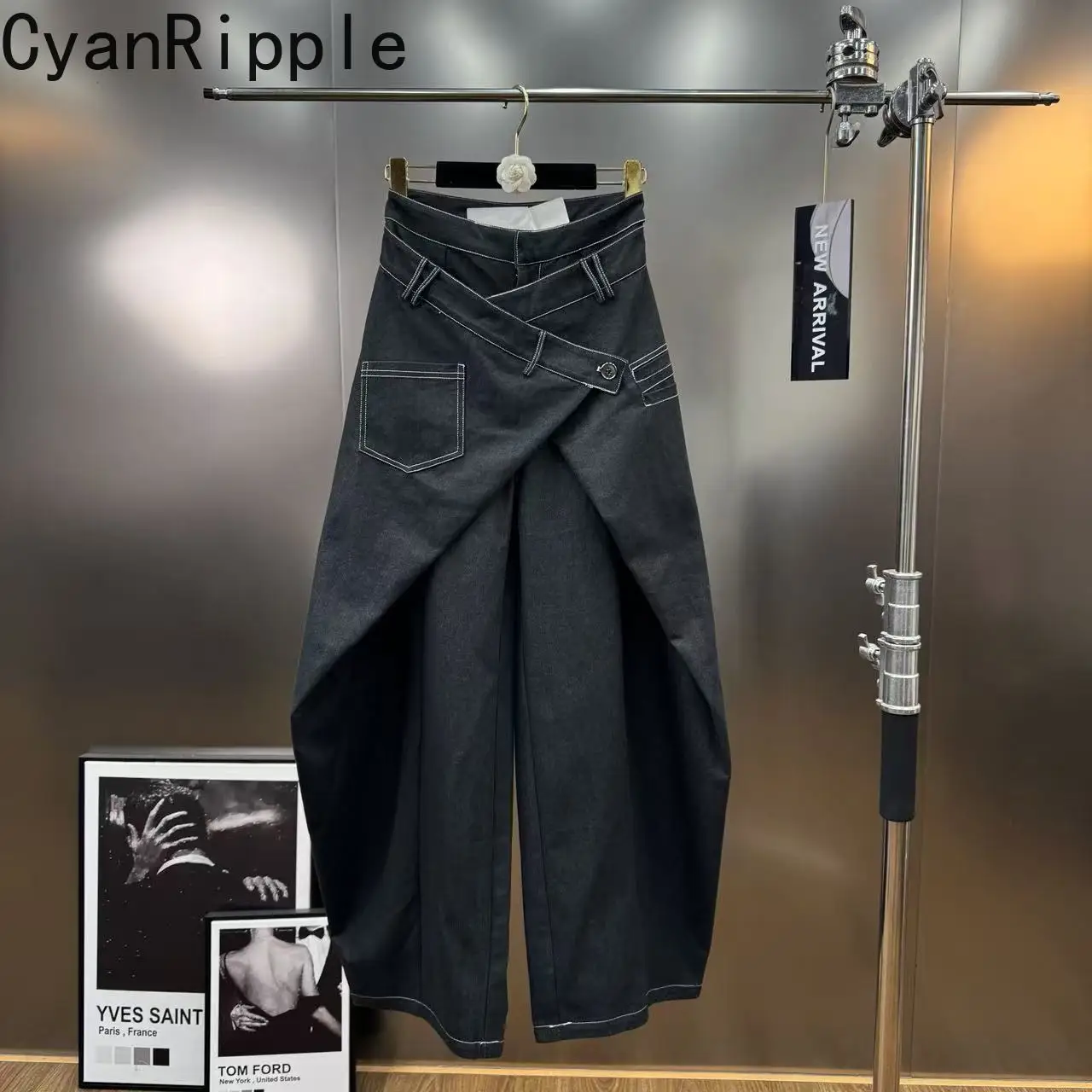 

Fashionable Spring Autumn Faux Two-piece Women Denim Pants Personality Vintage High Waist Floor-length Wide Leg Casual Jeans