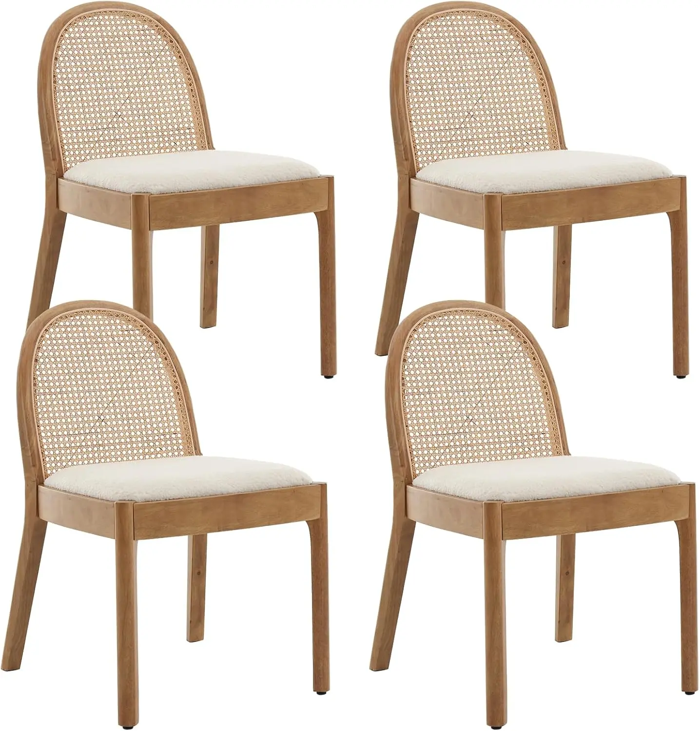 Mid-Century Modern Rattan Dining Chairs Set of 4, Wooden Dining Room Chair with Cane Backrest and Padded Seat