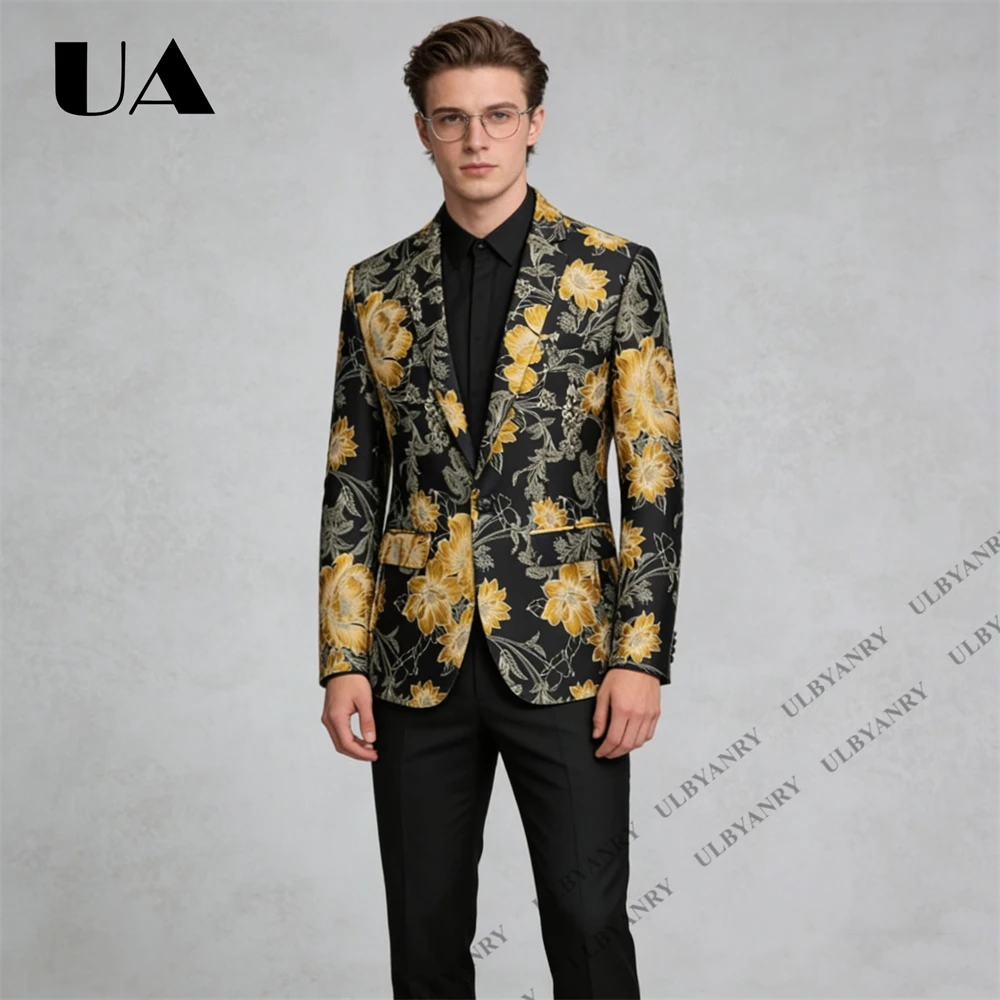 ULBYANRY Men's Black Gold Pattern Suit Set, Notch Lapel Formal Jacket with Black Pants Wedding Ceremony Prom Party Suit Attire