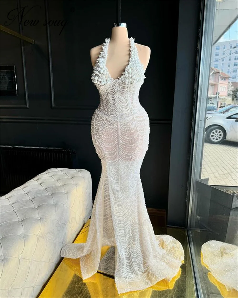 

Sexy Deep V Neck Evening Dresses Arabic Pearls Neck Formal Cocktail Dress Elegant Dubai Mermaid Long Engagement Dress Party Gown