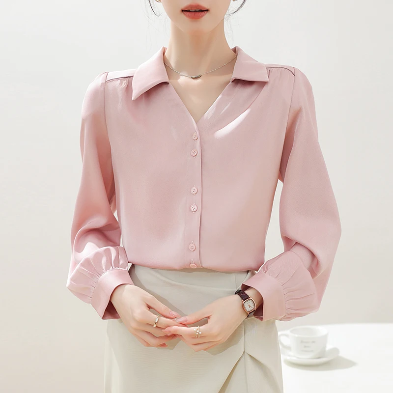 Chiffon V-neck shirt for women, 2024 spring new simulation silk top, satin front shoulder professional interior shirt Button