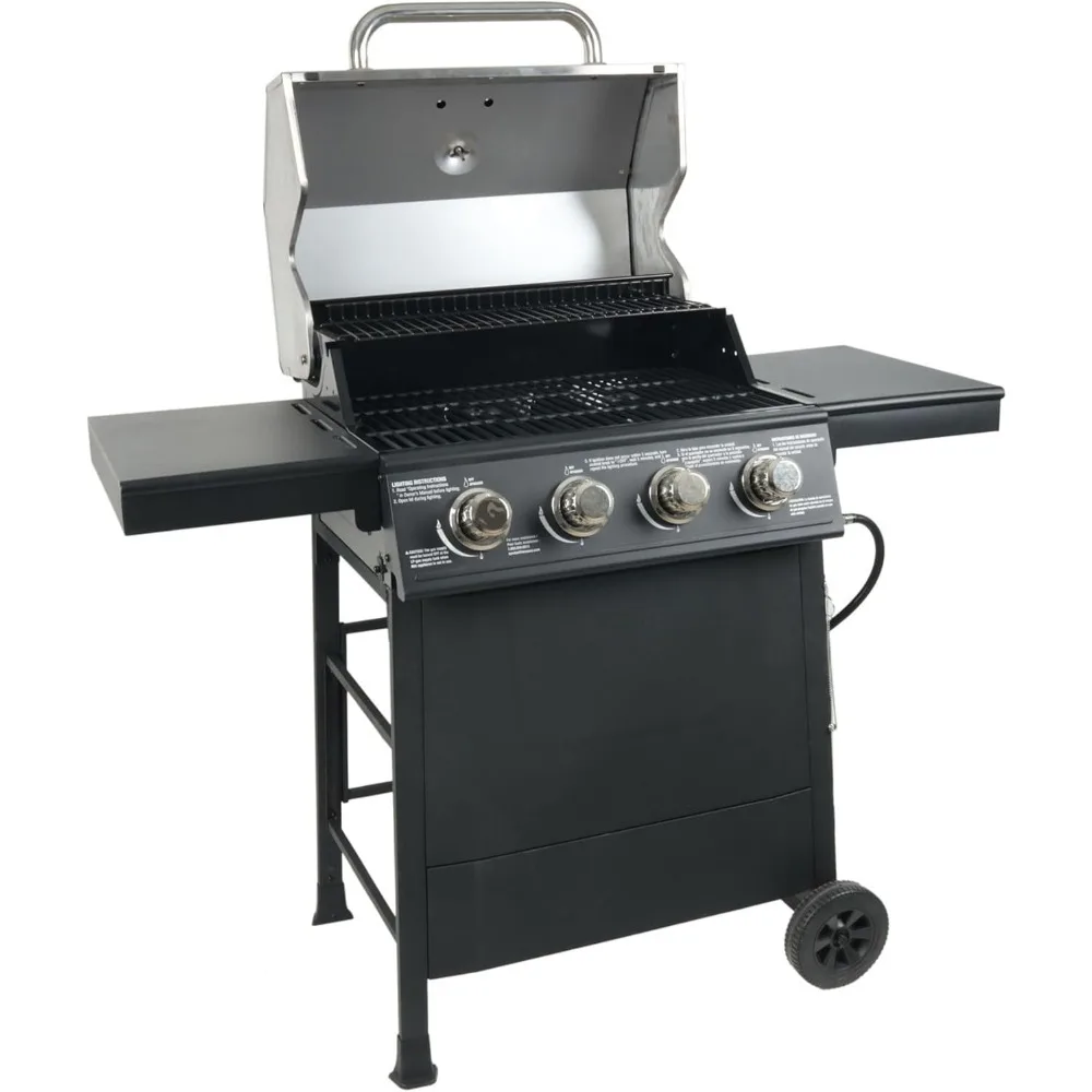 Four Burner Outdoor Propane Gas Grill with Side Shelves Stainless Steel Lid Push Ignition Warming Rack Wheels Black