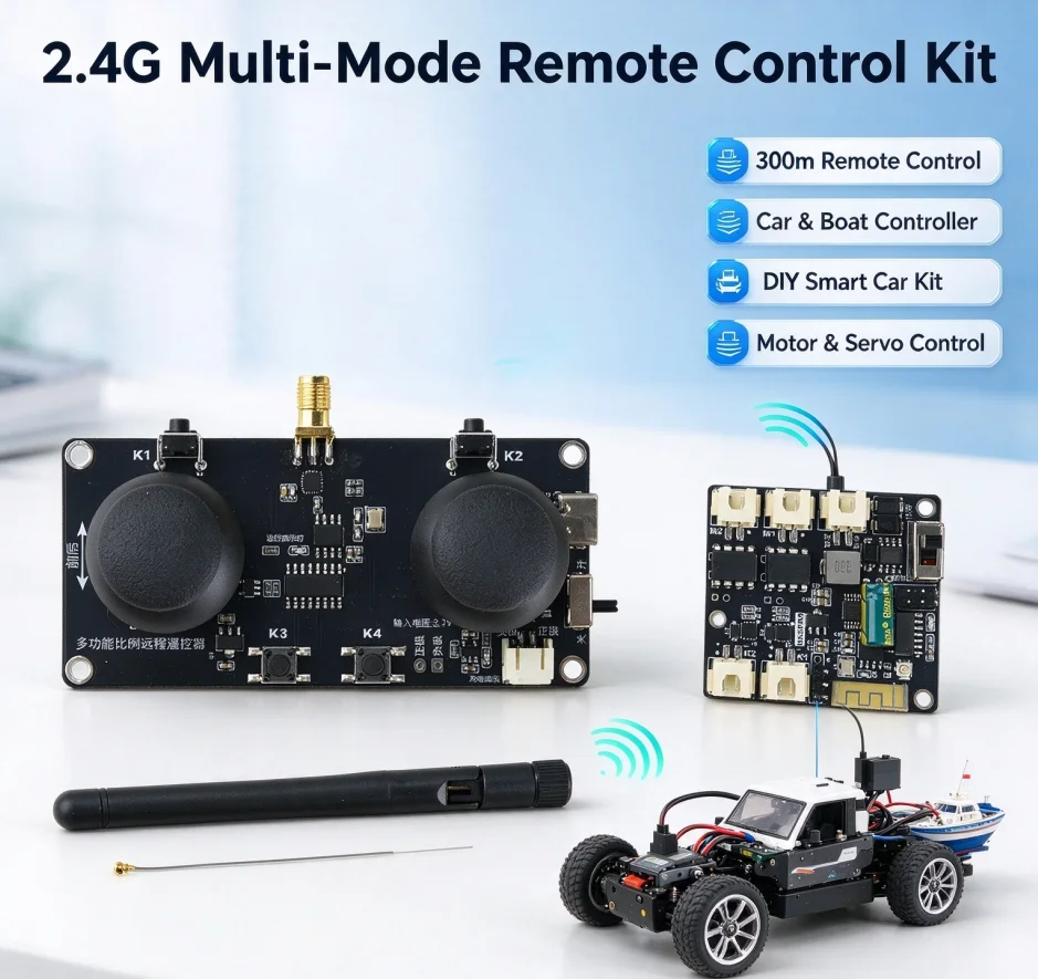 2.4 GHz Multi-Mode Remote Control Kit 300M Range for Cars & Boats DIY Smart Car Kit with Dual-Stick Proportional Speed Control