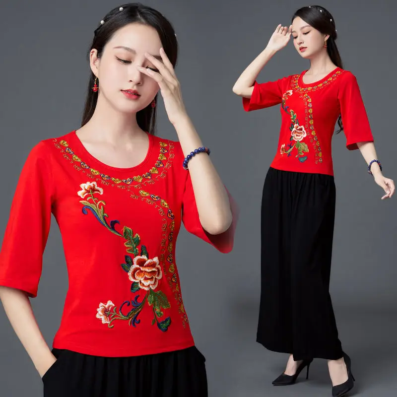 

Traditional Chinese Clothing Womens Plus Size Tops 2023 Summer Cotton Blend Embroidery Half Sleeves Tang costume Shirts Woman