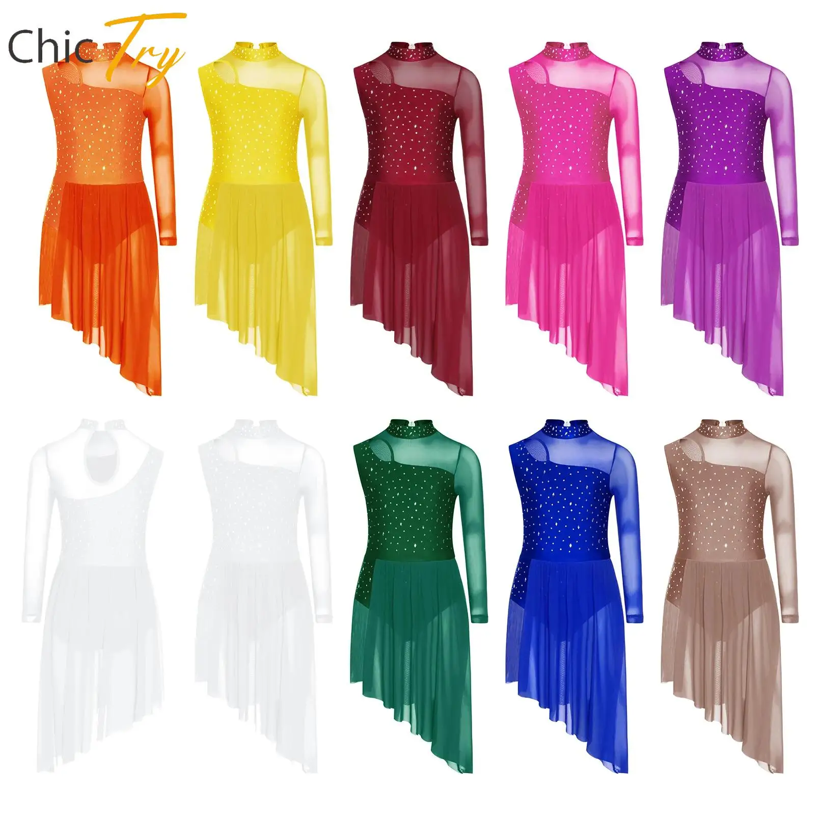 Kids Girls Gymnastics Ballet Jersey Lyrical Modern Dance Costume Cutout Sheer Mesh Shiny Rhinestones Side Split Leotard Dress