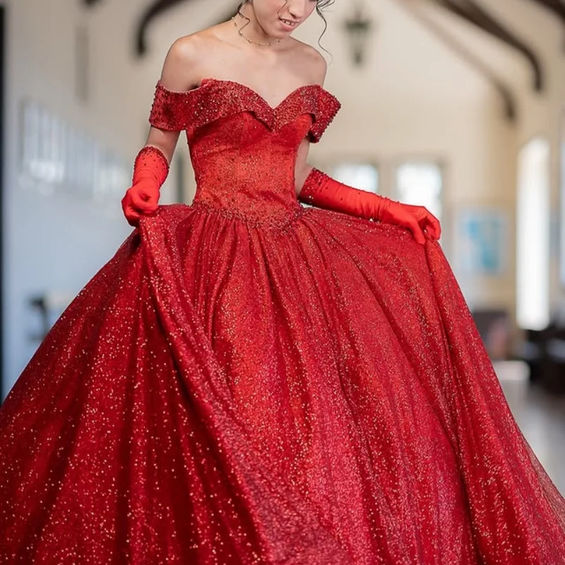 

simple Shiny Red Shoulder Quinceanera Dress Lace Tull V-neck vestidos de 15 Quinceanera ﻿Customized
