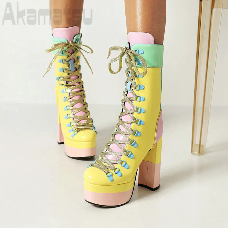 

Candy Color Fashion Lace Up Boots Trendy New Mid Length Boots Water Platform Thick Heels Women's Super High Heels Short Boots