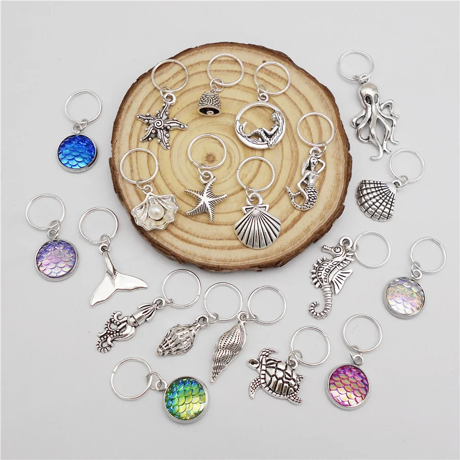 20PCS Mix Alloy Marine Life Charms With Rings Pendant Jewelry Making Accessory Handmade Hair Braids Dreadlock Headdress