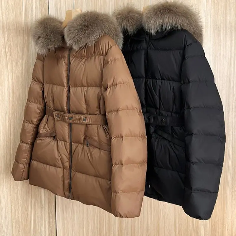 Hooded Large Fur Collar Short Down Jacket For Women With Belt 2023 Winter New European Style 90% White Duck Down Warm Outwear