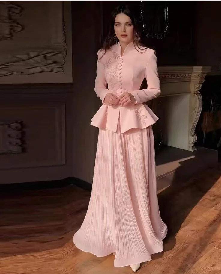 

Elegant Sequin Rhinestone Two Piece Set Women Autumn Jacket Long Sleeve Coat Tops Pleated Maxi Skirts Suits 2pcs Outfits