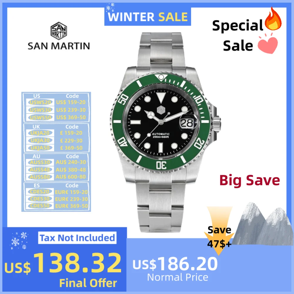 San Martin 40mm NH35 Water Ghost Diving Watch For Men Business Mechanical Sapphire Lume Reloj Hombre Waterproof 20Bar SN0017B