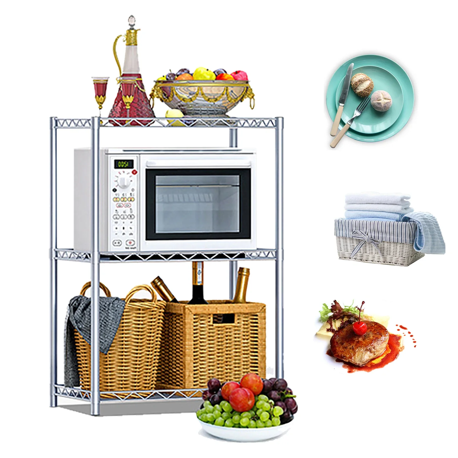 3 أرفف حامل الميكروويف مخبز الجرف رف معدني حامل الرف رف منزلي مستقر توفير المساحة تخزين رف المطبخ