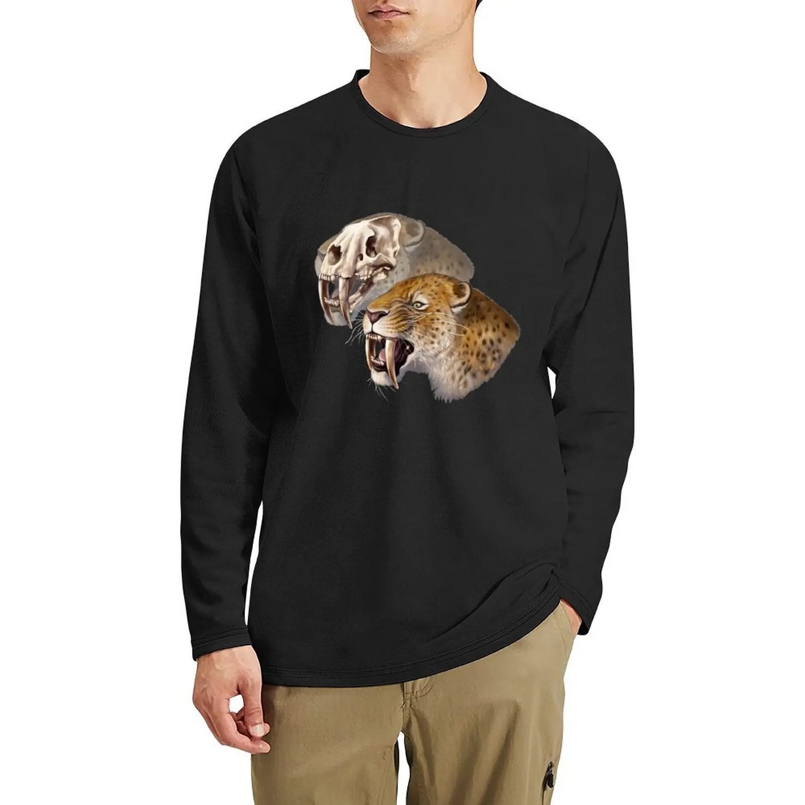 Длинная футболка Sabre-toothed Cat (Smilodon fatalis), винтажная футболка для мальчиков, рубашка с животным принтом, корейская мода, мужские однотонные футболки