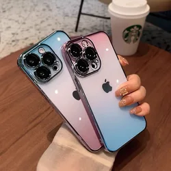 Fashion Gradient Color Electroplate Phone Case For iPhone 14 Plus 13 12 11 15 Pro Max Camera Protection Soft TPU Back Cover