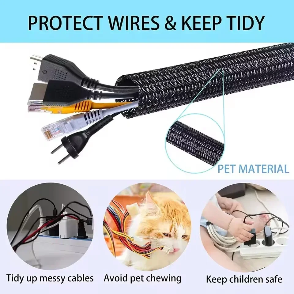 1-5M Self Closing Cable Protector Sleeve PET Braided Expandable Auto Line Management Flexible Loom Split Pipe Tube Protector