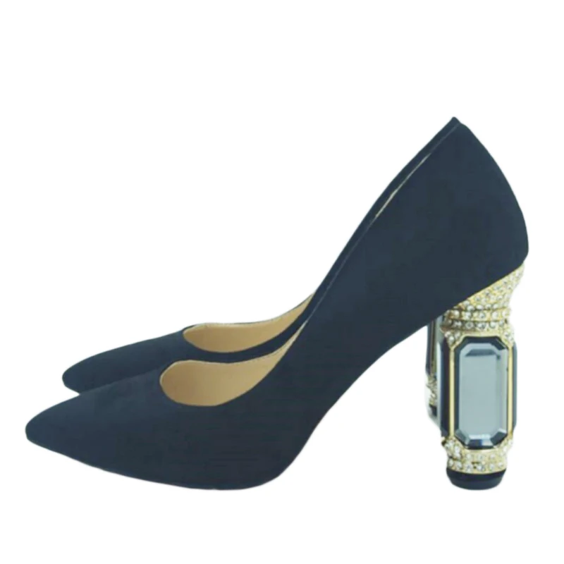 SHOFOO Sexy women's high heels. Black suede single shoes. About 10.5cm heel height. Pointed toe pumps . crystal heels.size:34-46