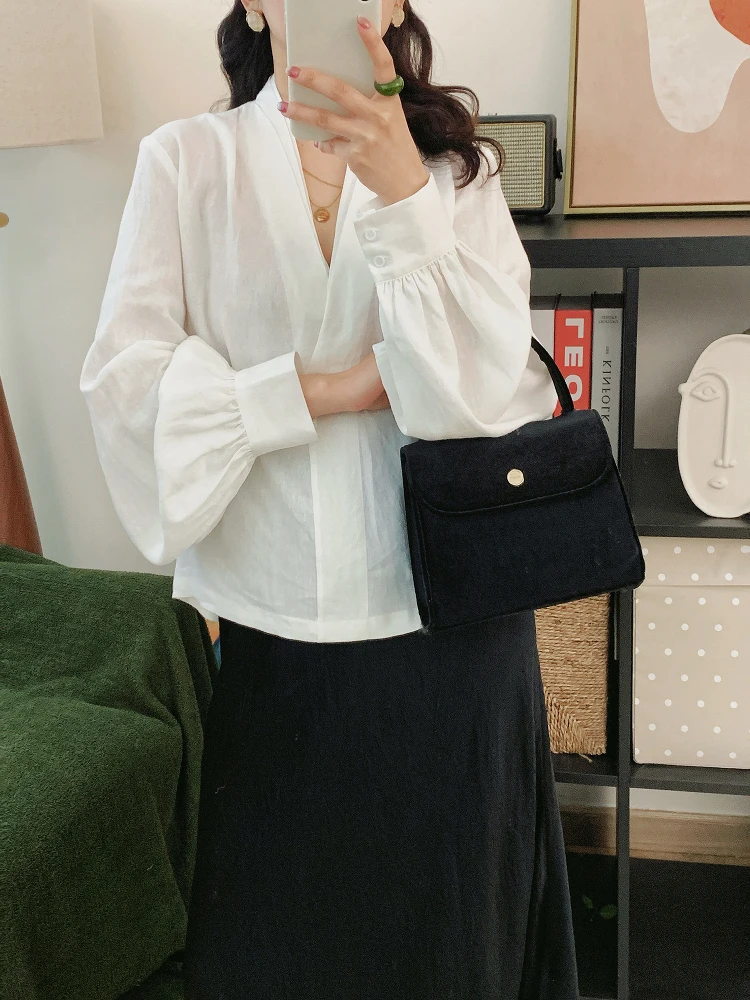 

Льняная рубашка с защитой от солнца для женщин, двухслойная, с V-образным вырезом, рукавами-фонариками, дышащая, комфортная, свободного кроя, для повседневной носки, модная.