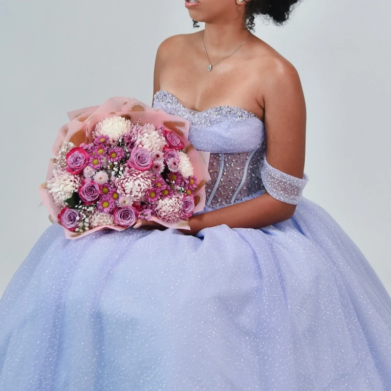 Blau glänzende Quinceanera-Kleider, Ballkleid, schulterfrei, mit Perlen verziert, Kristallkorsett, Tüll, Party, Geburtstag, süßes 16-Kleid, Vestidos 15