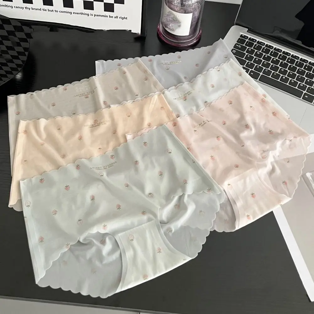 

6Pcs Underwear Ice Silk Panties Mid Waist Cotton Crotch Seamless Briefs Women Thin Underpants Sweet Strawberry Briefs Ladies