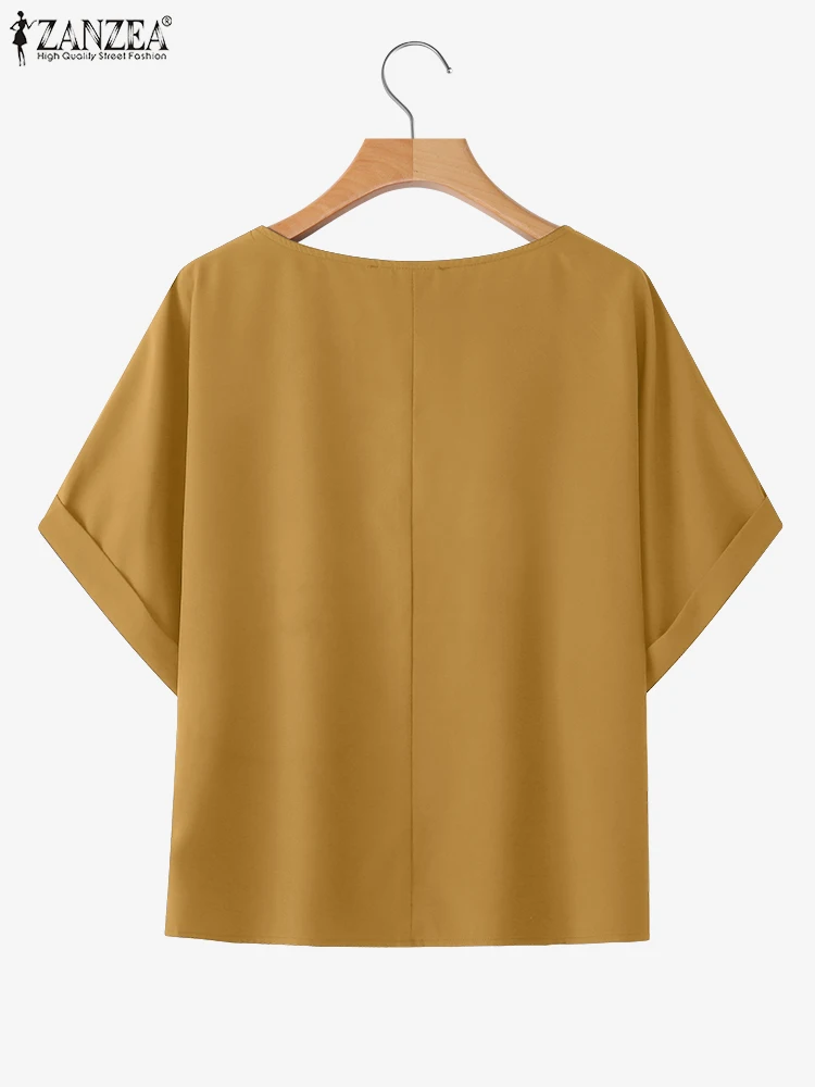 ZANZEA Stylish Women Blouse 2025 Summer Round Neck Solid Elegant Shirts Tunic Korean Tops Loose Casual Fashion Blusas Femininas
