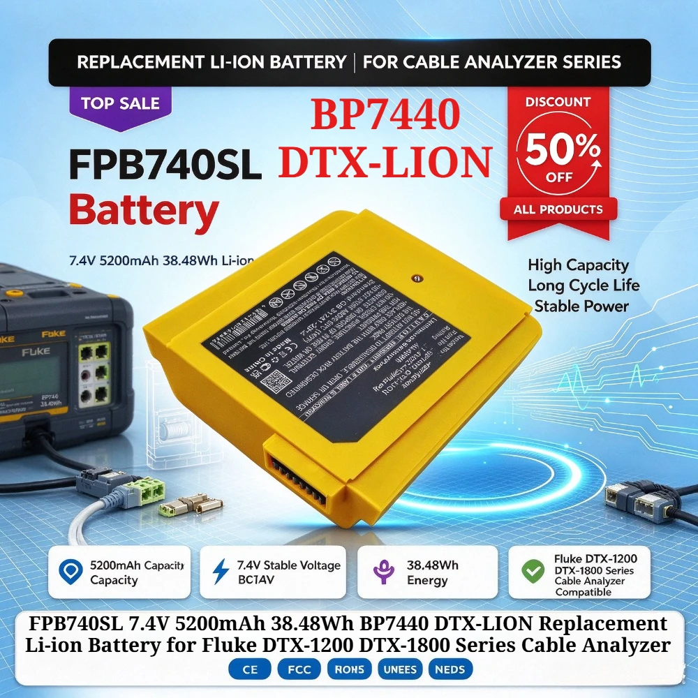 FPB740SL 7.4V 5200mAh 38.48Wh BP7440 DTX-LION Replacement Li-ion Battery for Fluke DTX-1200 DTX-1800 Series Cable Analyzer