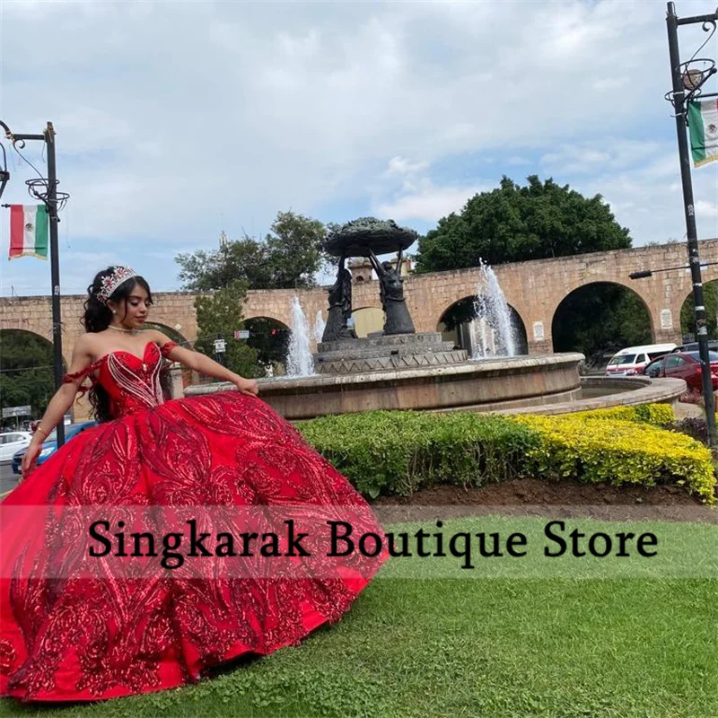 Vestido princesa Quinceanera com lantejoulas e flores frisadas, vestido vermelho de baile, Sweet 16, Applique, Natal, 15 anos, 2023