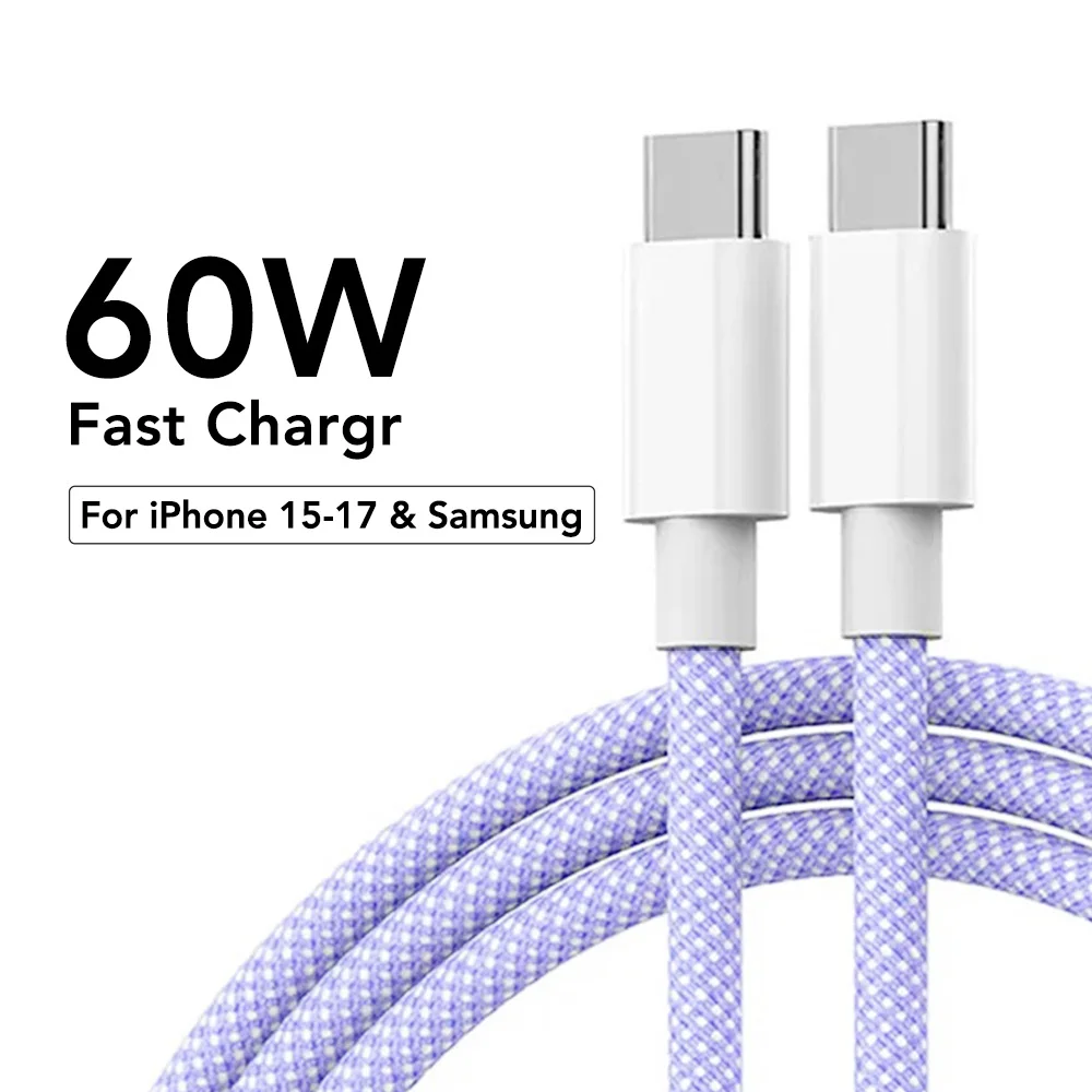 60W Max. Schnelllade-Datenkabel, Nylon-ummanteltes USB-C-auf-Typ-C-Kabel, Farbe PD, für iPhone 14, Samsung, Datensynchronisation