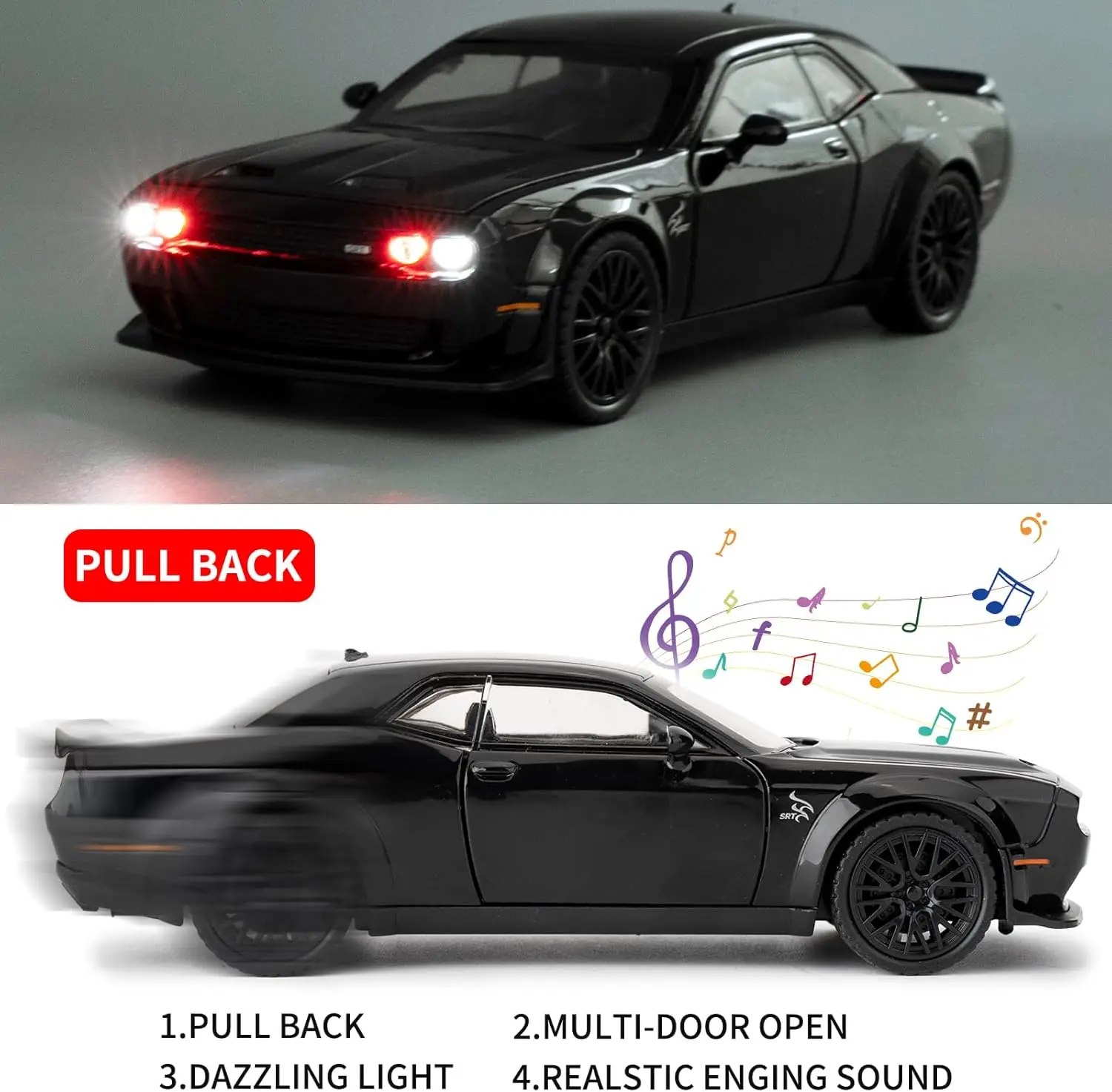 1/32 ダッジ チャレンジャー ヘルキャット モデルカー、亜鉛合金プルバック式おもちゃの車、サウンドとライト付き、子供、男の子、女の子へのギフト（ブラック）