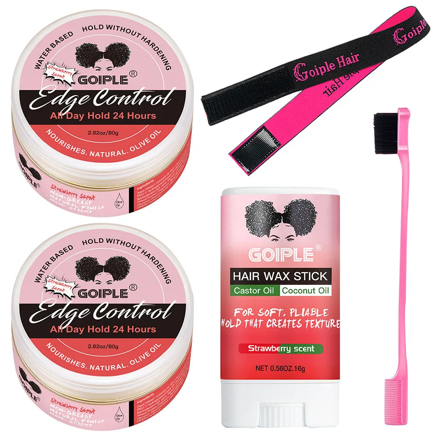 Strawberry Scent Edge Control Kit with Extreme Hold Styling Gel, Hair Wax Stick Tame Frizz & Flyaway, Elastic Band, Edge Brush