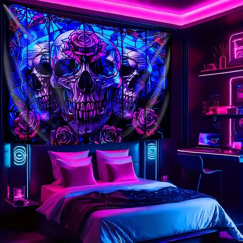 VIKAMA Stained Glass Skull Rose Tapestry, Neon Gothic Flower Skeleton Wall Hanging, Dark Aesthetic Room Wall Cloth Decor