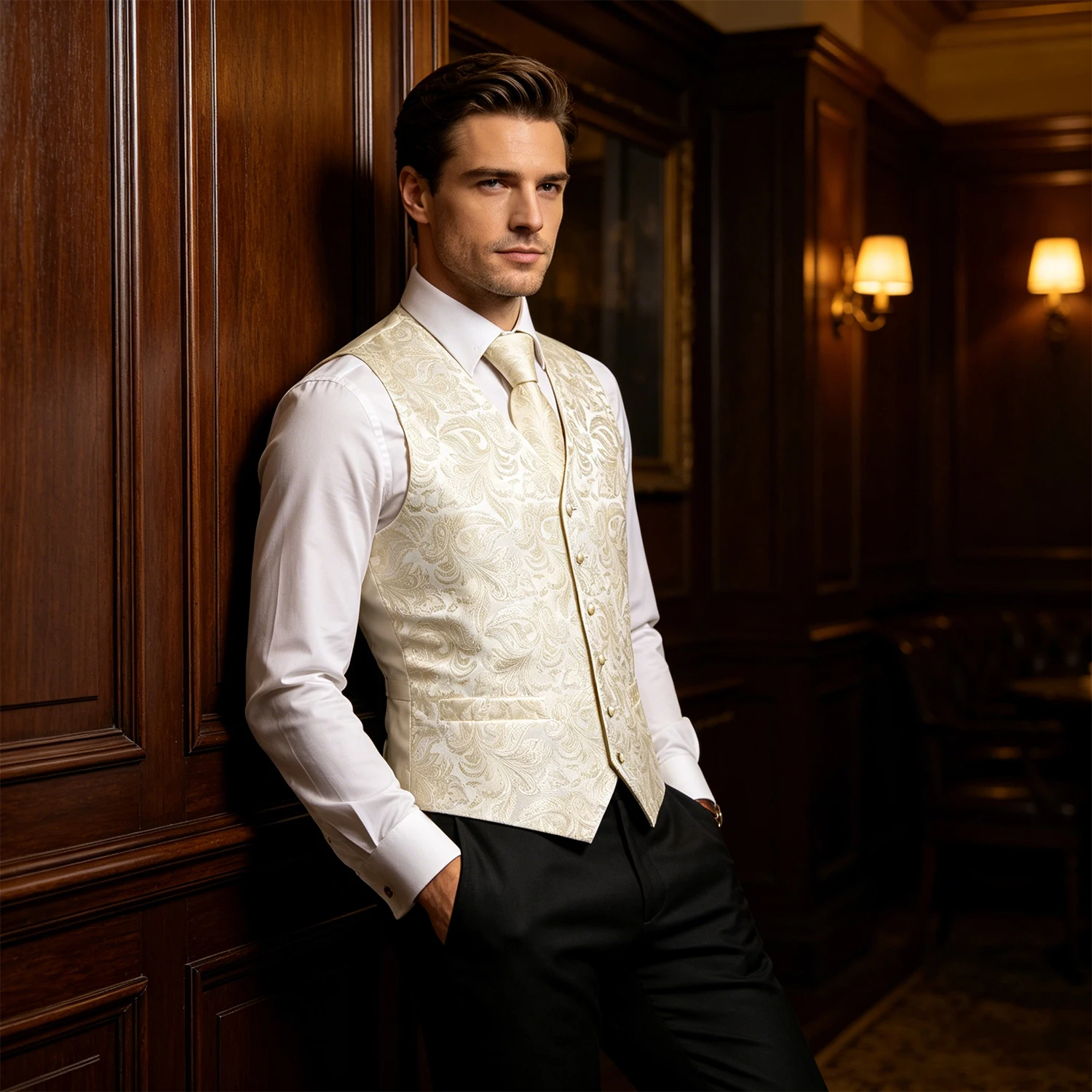 Elfenbeinfarbene goldene Paisley-Jacquard-Weste mit V-Ausschnitt, 4-teiliges Set mit Krawatte, Einstecktuch und Manschettenknöpfen für Champagner-Hochzeit, Brautparty, Frühlingsbankett – Detail 2