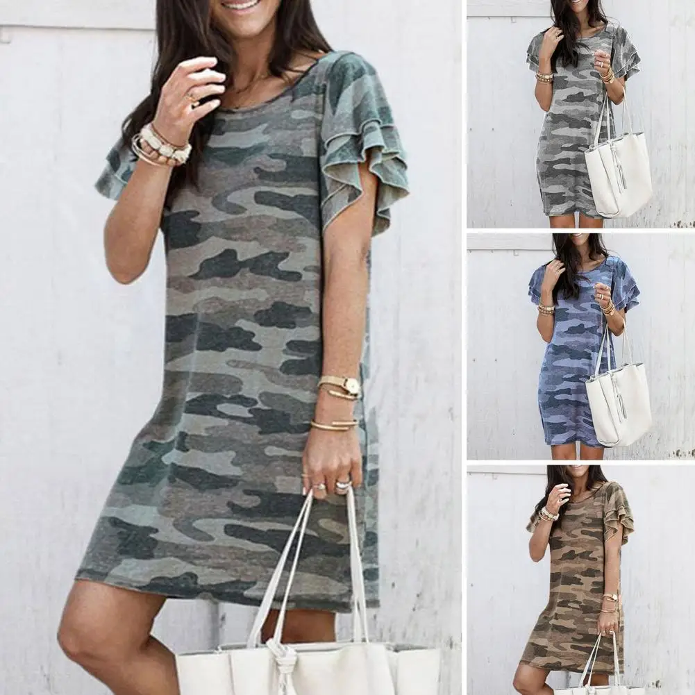 Vestido leve camuflado estampado para mulheres, mini vestido elegante, algemas plissadas em camadas, casual na moda verão acima do joelho