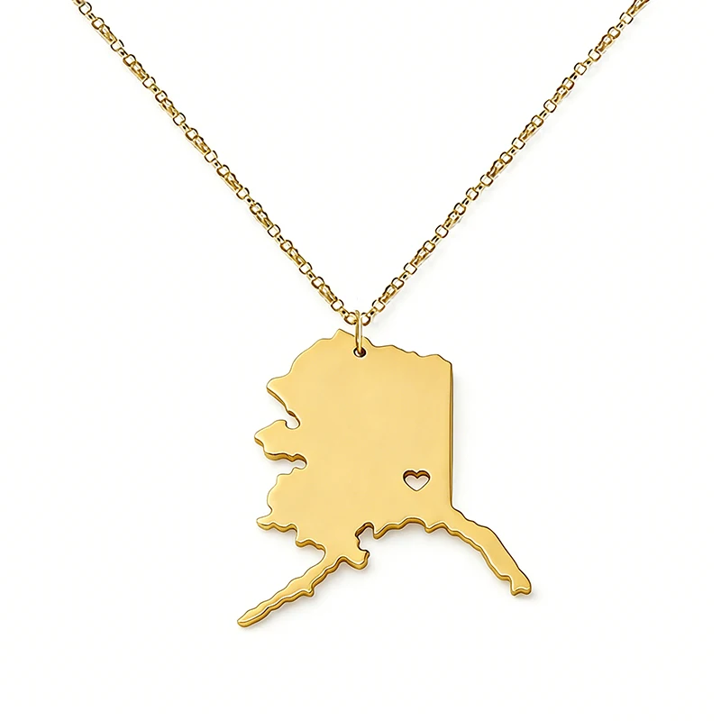 Stainless Steel Hollow Heart Alaska Map Necklace United States America Map Pendants Necklaces Jewelry