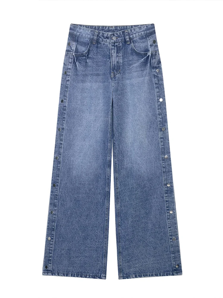 

European style new women's fashion versatile temperament high waist loose button detail straight jeans