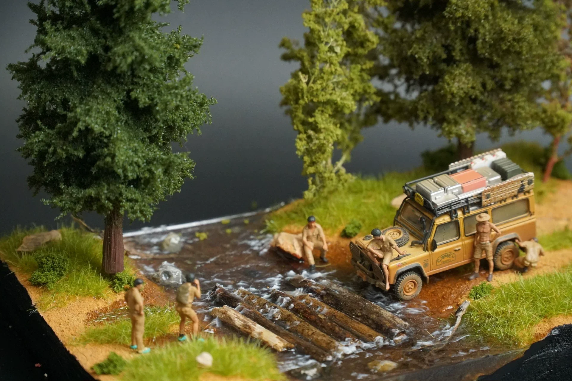 1:64 scale car miniature model diorama, woodland base with river and waterfall