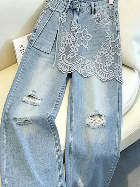 Blue Lace Splicing Wide Leg Jeans Women's Loose Casual Fashionable Versatile Summer New Style Polyester Fiber Natural Waist