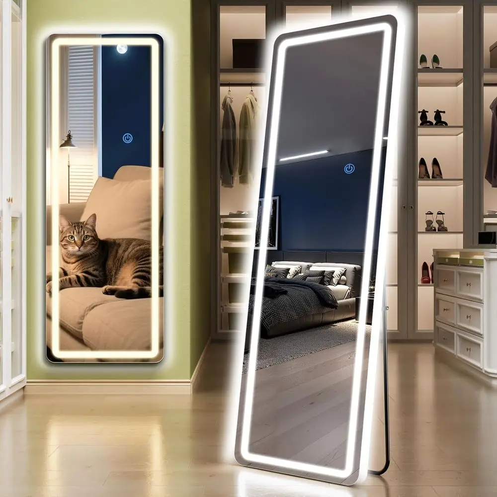 

Зеркало напольное в полный рост с LED-подсветкой, 56"x20", с регулировкой яркости и 3 цветами освещения, высокое зеркало для всего тела или для спальни