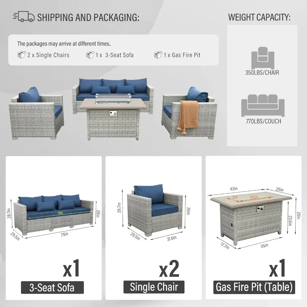 Outdoor Patio Furniture Set 4 Piece Wicker Furniture PE Rattan Patio Chairs Couch Sectional Sofa with Fire Pit Table