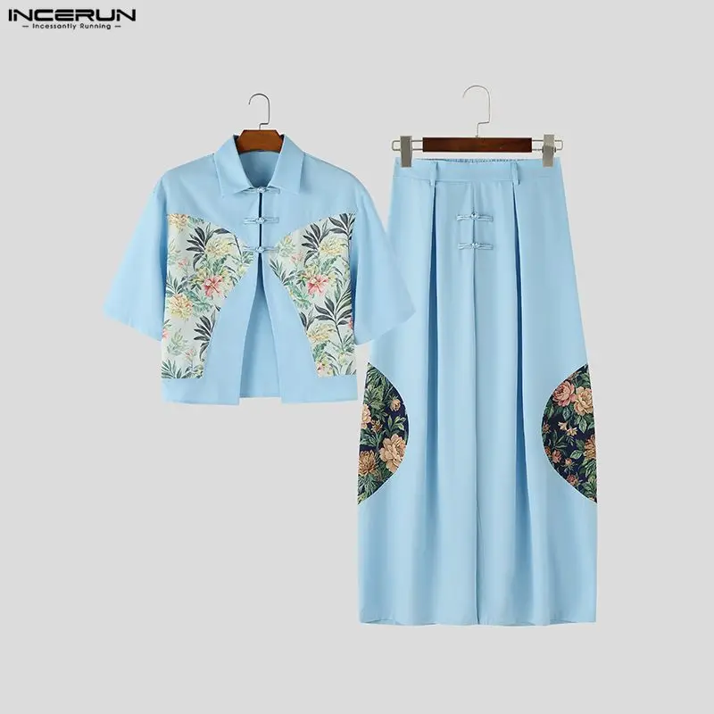 INCERUN Men's Sets Printing Patchwork Lapel Short Sleeve Shirt Wide Leg Pants Two Piece Sets Streetwear 2026 Men Matching Sets - Image 4