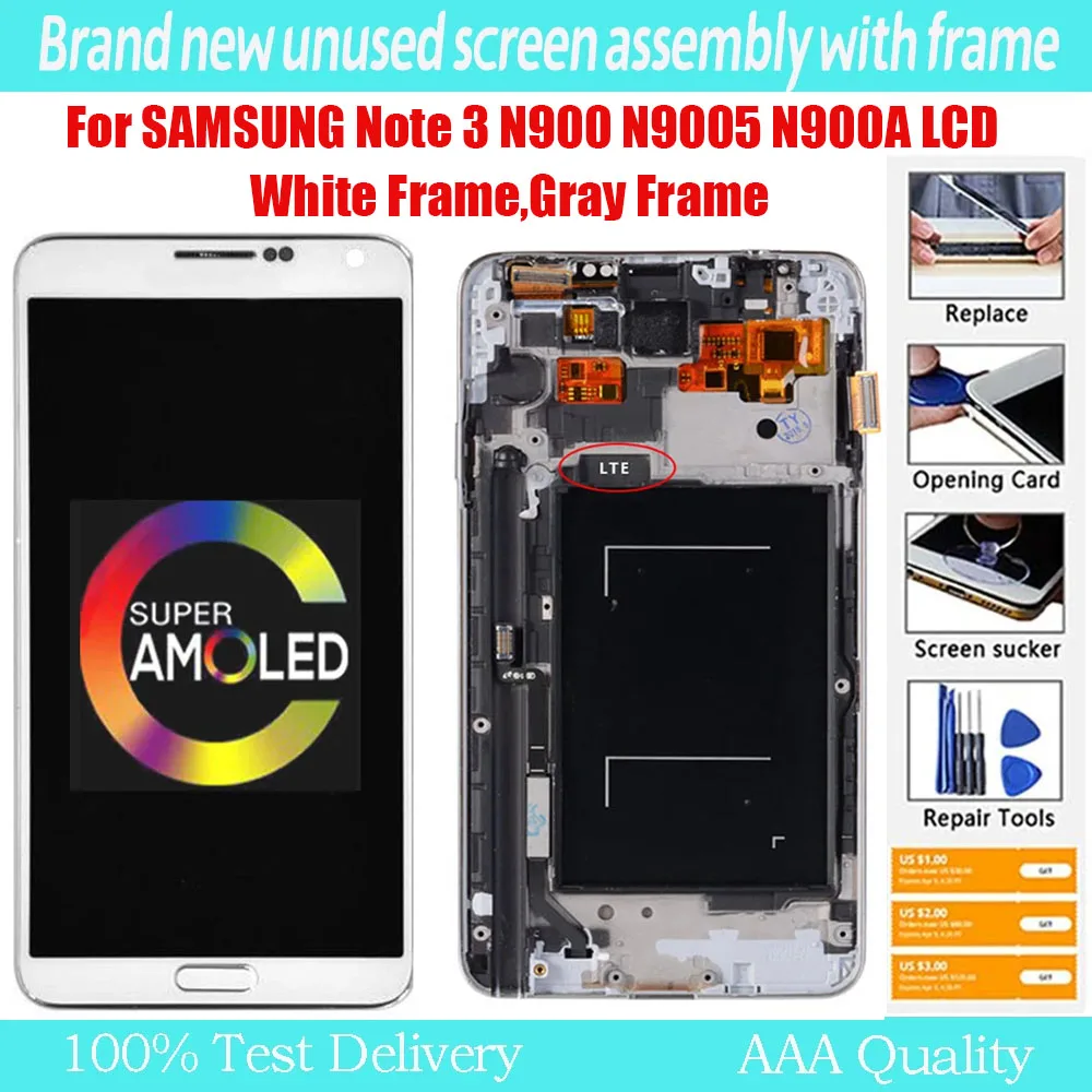 Жк-дисплей Samsung Galaxy Note 3 N9005/n900/n900a С Дигитайзером Сенсорного Экрана, 100% Тестирование Amoled, Разрешение 5