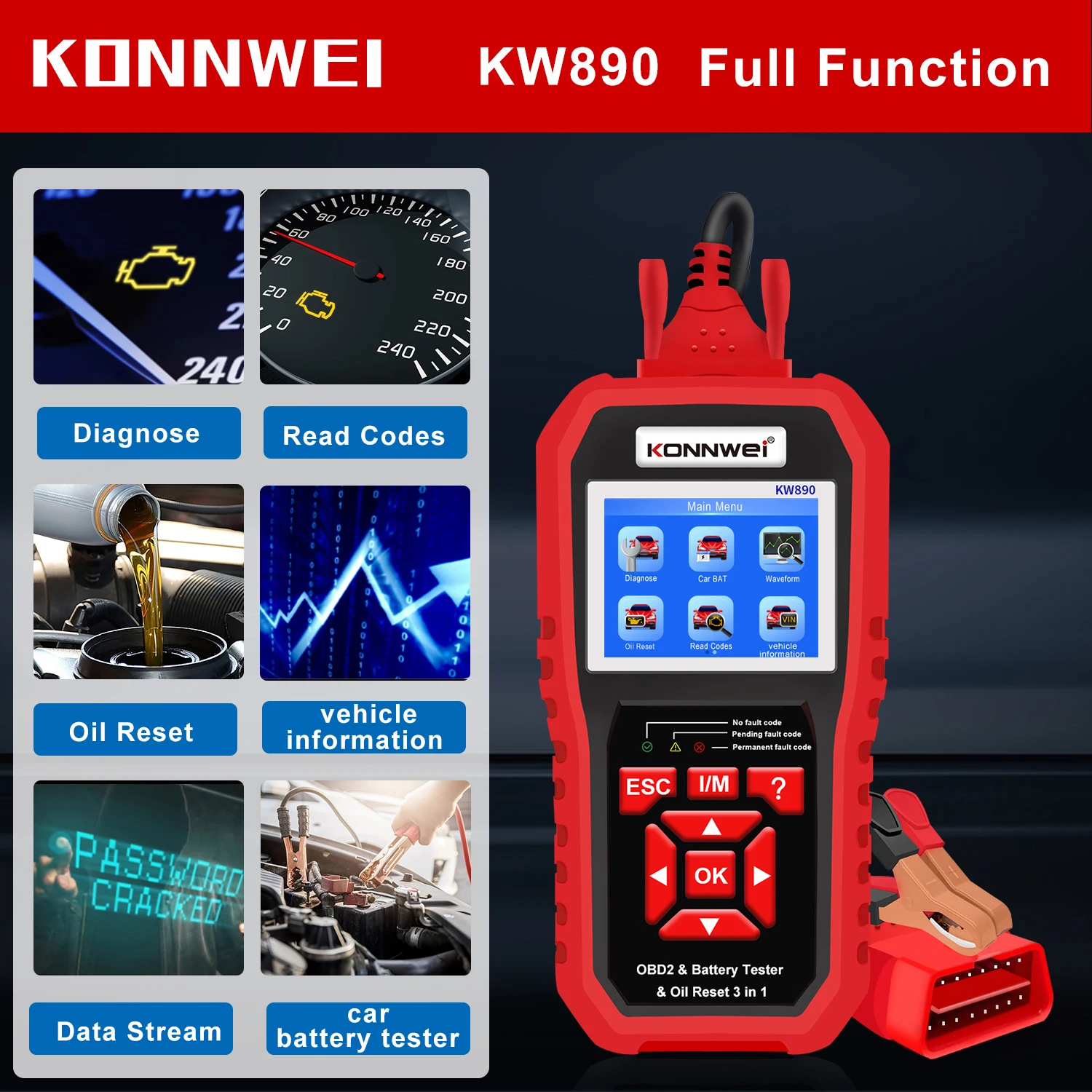 KONNWEI KW870 KW880 KW890 12V Car Battery Tester Analizer Auto Diagnostic Tool Battery Match 3 in 1 Car OBD2 Scanner Code Reader