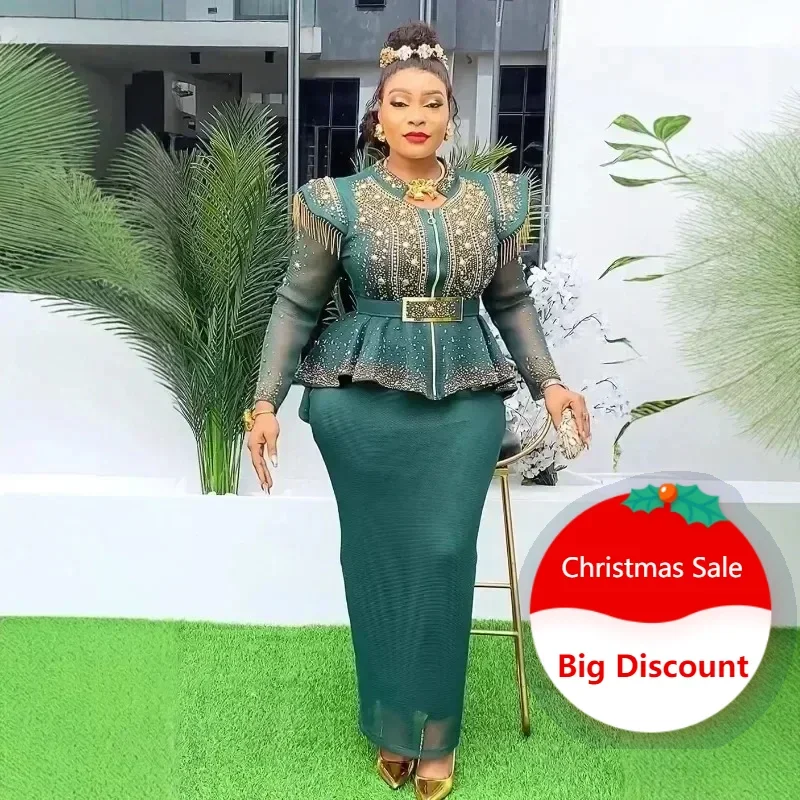 2025 Spring African Clothes for Women 2 PCS Sets Tops and Skirts Suit Dashiki Ankara Outfit Robe Plus Size Wedding Party Dresses