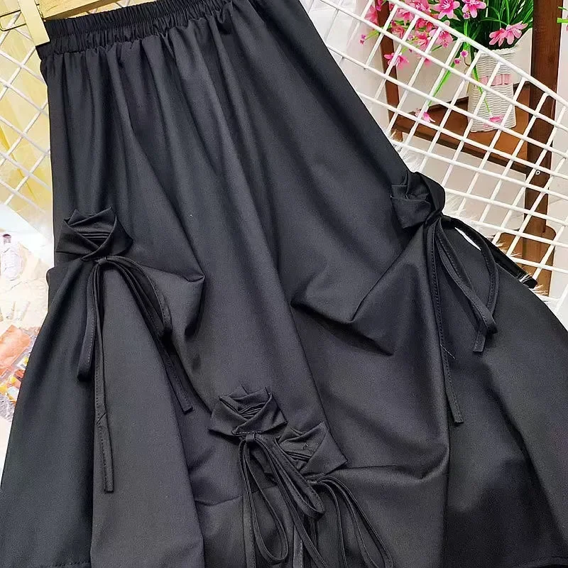 Japanese pretty girl skirt loli dark half skirt high waisted bow heavy patchwork lace A-line medium length skirt  clothes