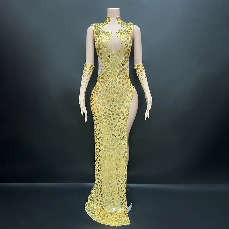 Gold Handmade Shiny Lenses Crystal Slim Sleeveless Long Evening & Birthday Dress With Gloves, For Host Body Transparente Flecos
