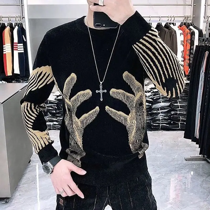 

Men's Round Neck Sweater Personalized Letter Color-blocking Thread Korean Style Trendy Base Knitted Sweater