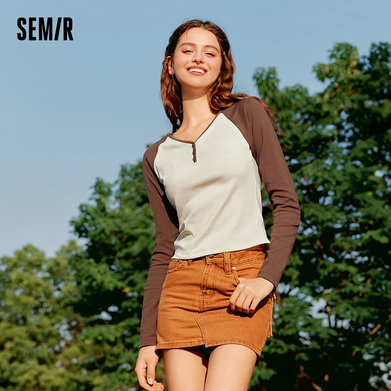 Semir T-Shirt Women Short Sleeve V-Neck Tight-Fitting T-Shirt 2024 New Autumn Casual Trendy Color-Block Shoulder Insert Pullover