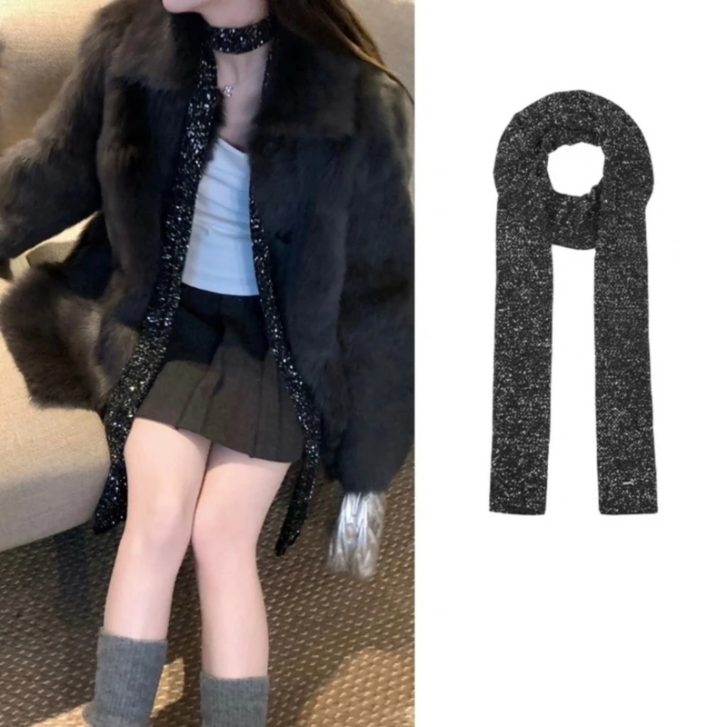 Sparkling Sequins Scarf for Female 2000s Long Neck Scarf Spring Autumn Narrow Knitted Thin Scarf Harajuku Neck Wrap