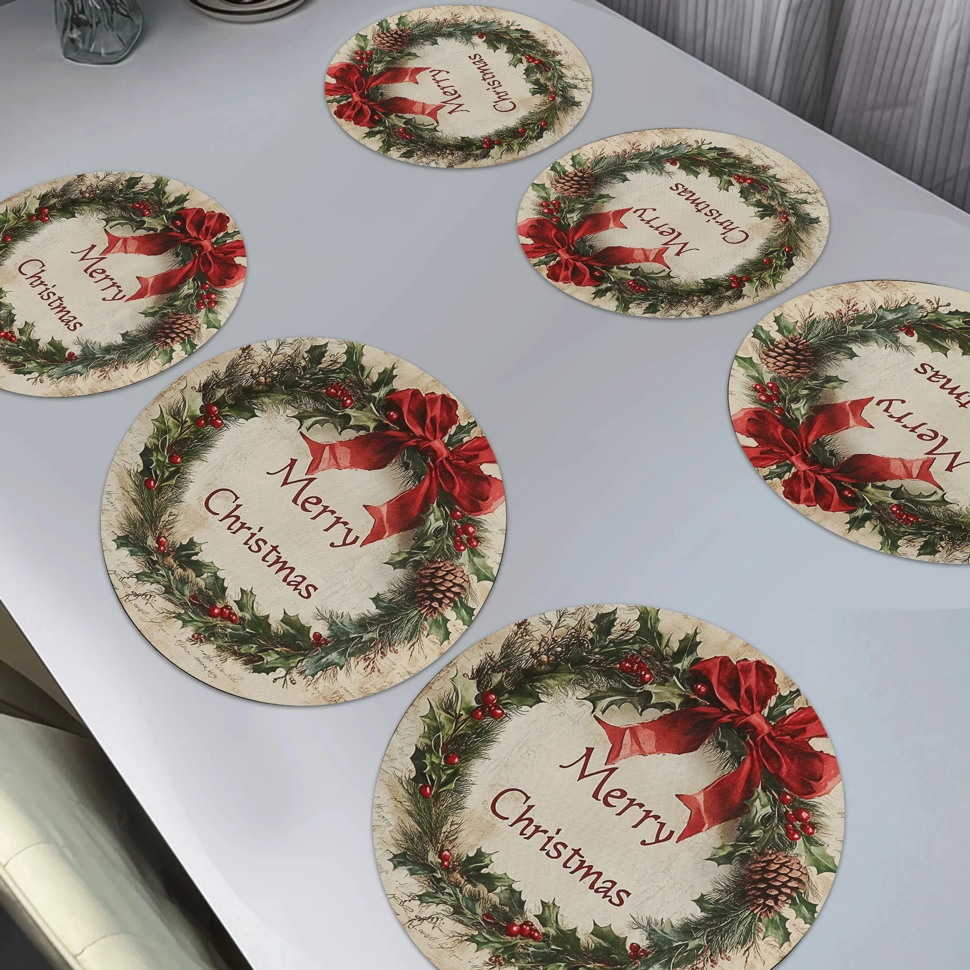 VIKAMA 6PC Christmas Wreath Meal Mat Red Bow Berry Table Christmas Party Restaurant Decoration