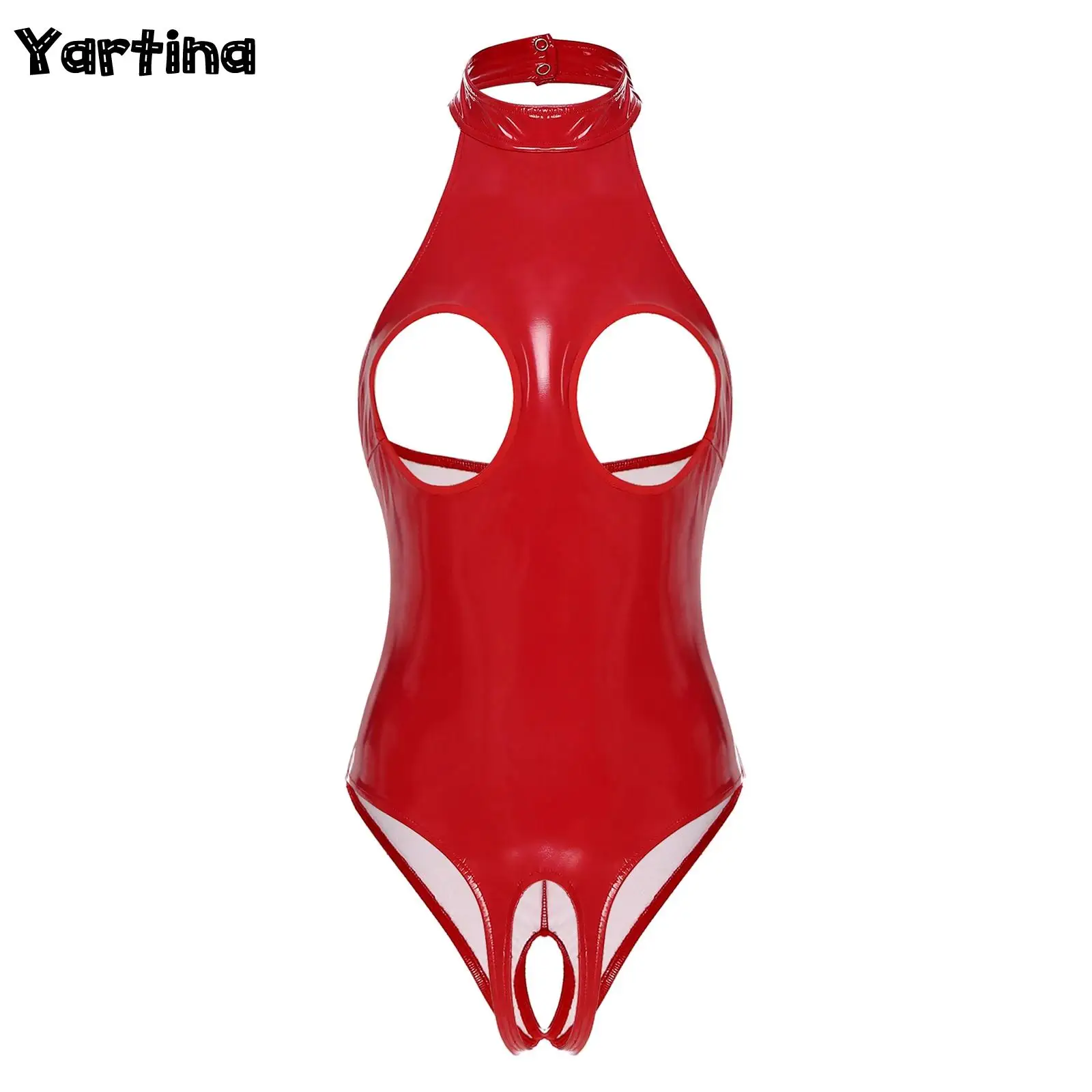 

Womens Sexy Cutout Patent Leather Bare Open Breast Latex Bodysuit Halter Neck Backless Lingerie Crotchless One Piece Clubwear